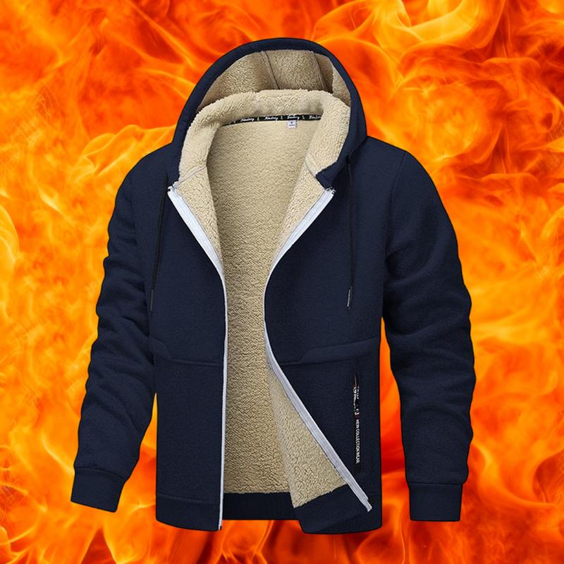 Men's Casual Zipper Wool Lined Hoodie - 100%25 Polyester Solid Color Long Sleeve Jacket, Lightly Stretchable Fabric, Suitable for Spring, Autumn, Hiking & Outdoor Activities, Regular Fit Hooded Sports Shirt, Men’s Warm Coat, Day Fleece Menswear  Beige Bla