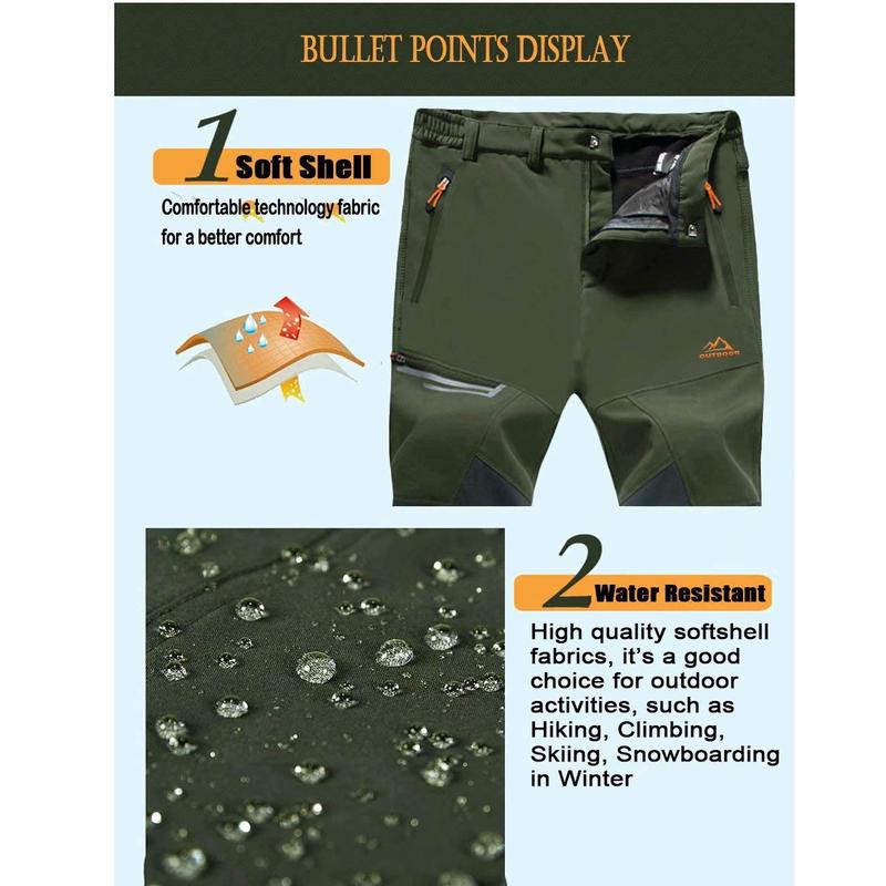 Men's Winter Pants Fleece Lined Ski Snow Pants Water Resistant 4 Zip Pockets Outdoor Work Pants FallFreshness Outdoorfun