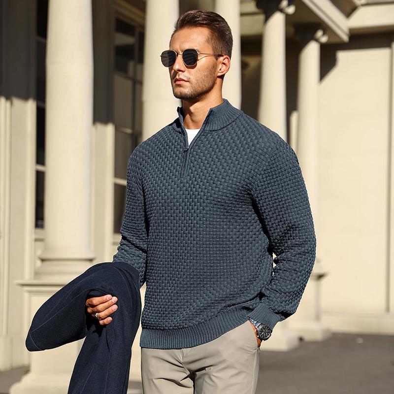 Suéter de punto trenzado con cuello de cremallera para hombre – Pulóver de cuello alto cálido con cuello con cremallera – Capa perfecta para días fríos, viernes casuales y estilo atemporal para el día a día TikTokShopBlackFriday Regalo de Navidad