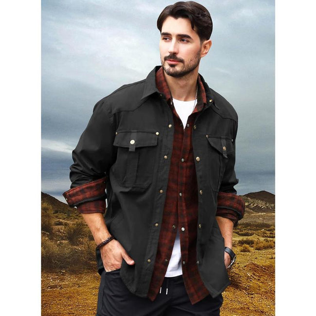 Men's Flannel Lined Shacket Jacket Plaid Brushed Lining Cowboy Western Twill Outdoor Shirt Jacket Main Image