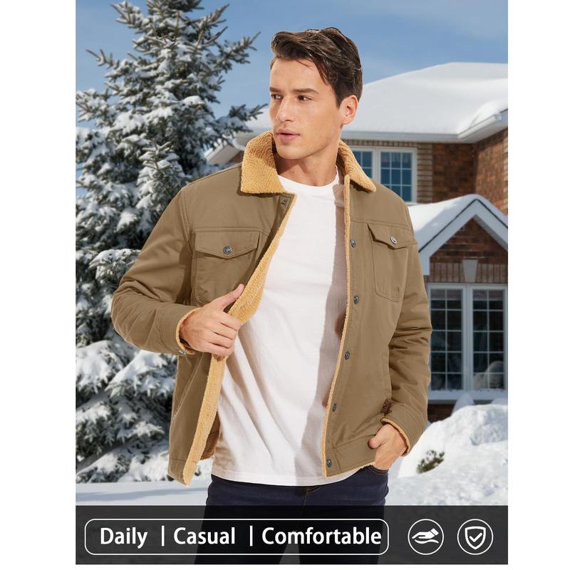 Chaqueta camionera de invierno con forro sherpa para hombre, chaqueta informal cálida con múltiples bolsillos, tops de ropa de hombre con cuello, forro polar de algodón, manga larga, novedad de otoño, chaqueta caqui beige, diversión al aire libre