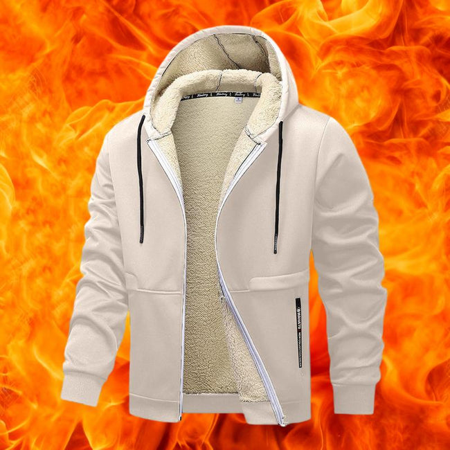 Men's Casual Zipper Wool Lined Hoodie - 100%25 Polyester Solid Color Long Sleeve Jacket, Lightly Stretchable Fabric, Suitable for Spring, Autumn, Hiking & Outdoor Activities, Regular Fit Hooded Sports Shirt, Men’s Warm Coat, Day Fleece Menswear  Beige Bla Hover Image