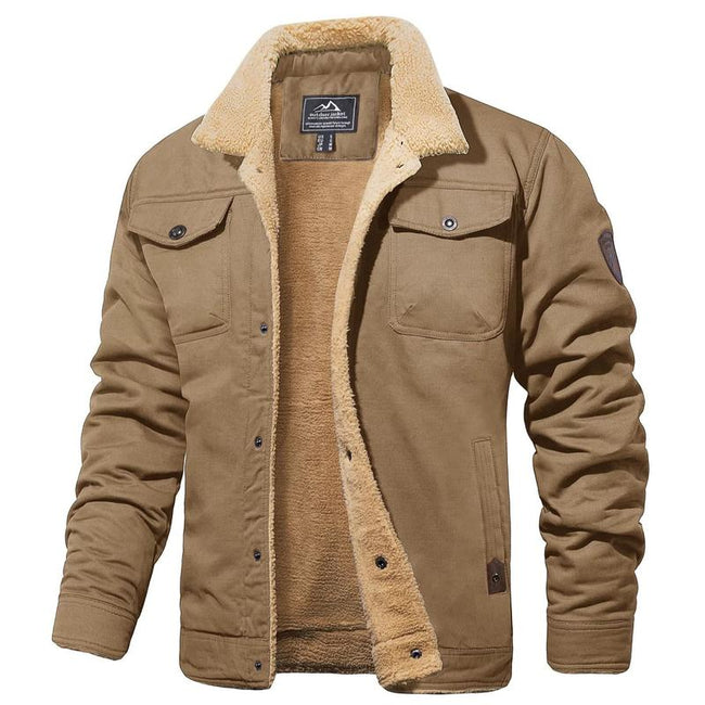 Men's Sherpa Lined Winter Trucker Jacket Warm Multi Pocket Casual Jacket Collared Menswear Tops Cotton Fleece Long Sleeve FallFreshness Khaki Beige Jacket Outdoorfun Hover Image