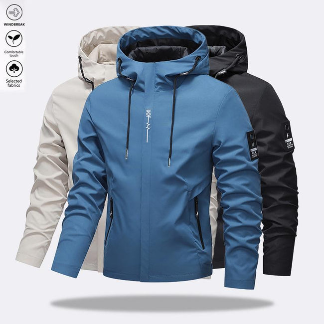 Men's Solid Color Windproof Drawstring Zip-up Hoodie Jacket, Casual Long-Sleeve Outdoor Coat with Zipper Pockets, Suitable for Outdoor Activities, All-Season Men's Apparel, Menswear Blue Hover Image