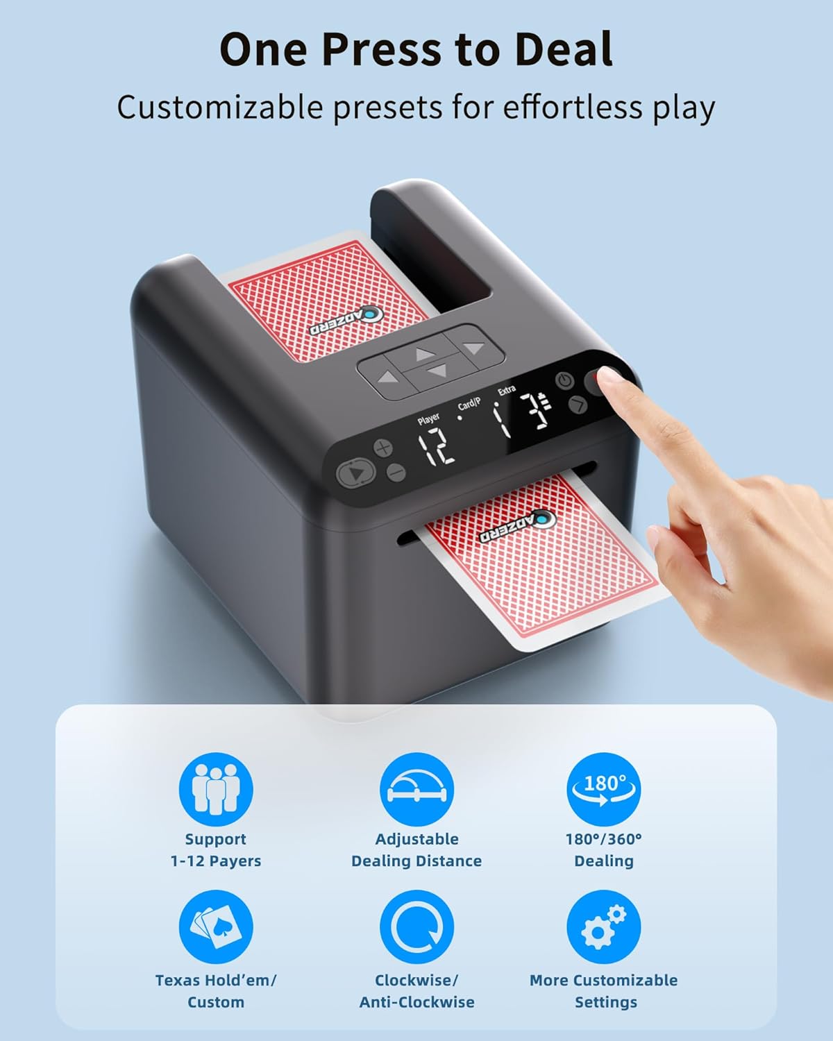 Máquina Repartidora Automática de Cartas - Recargable para 1/2/3 Barajas, 1-12 Jugadores, Distancia de Reparto Ajustable, Silenciosa, Rotación 360° y 180°, Compatible con Poker, UNO, Bridge, Blackjack y Más