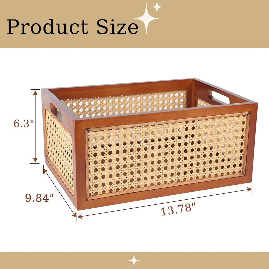 Wooden Storage Basket with Rattan Cane Webbing