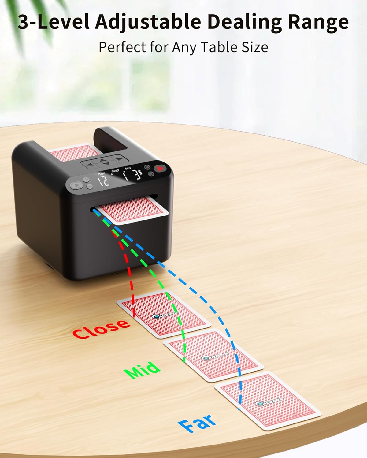 Máquina Repartidora Automática de Cartas - Recargable para 1/2/3 Barajas, 1-12 Jugadores, Distancia de Reparto Ajustable, Silenciosa, Rotación 360° y 180°, Compatible con Poker, UNO, Bridge, Blackjack y Más