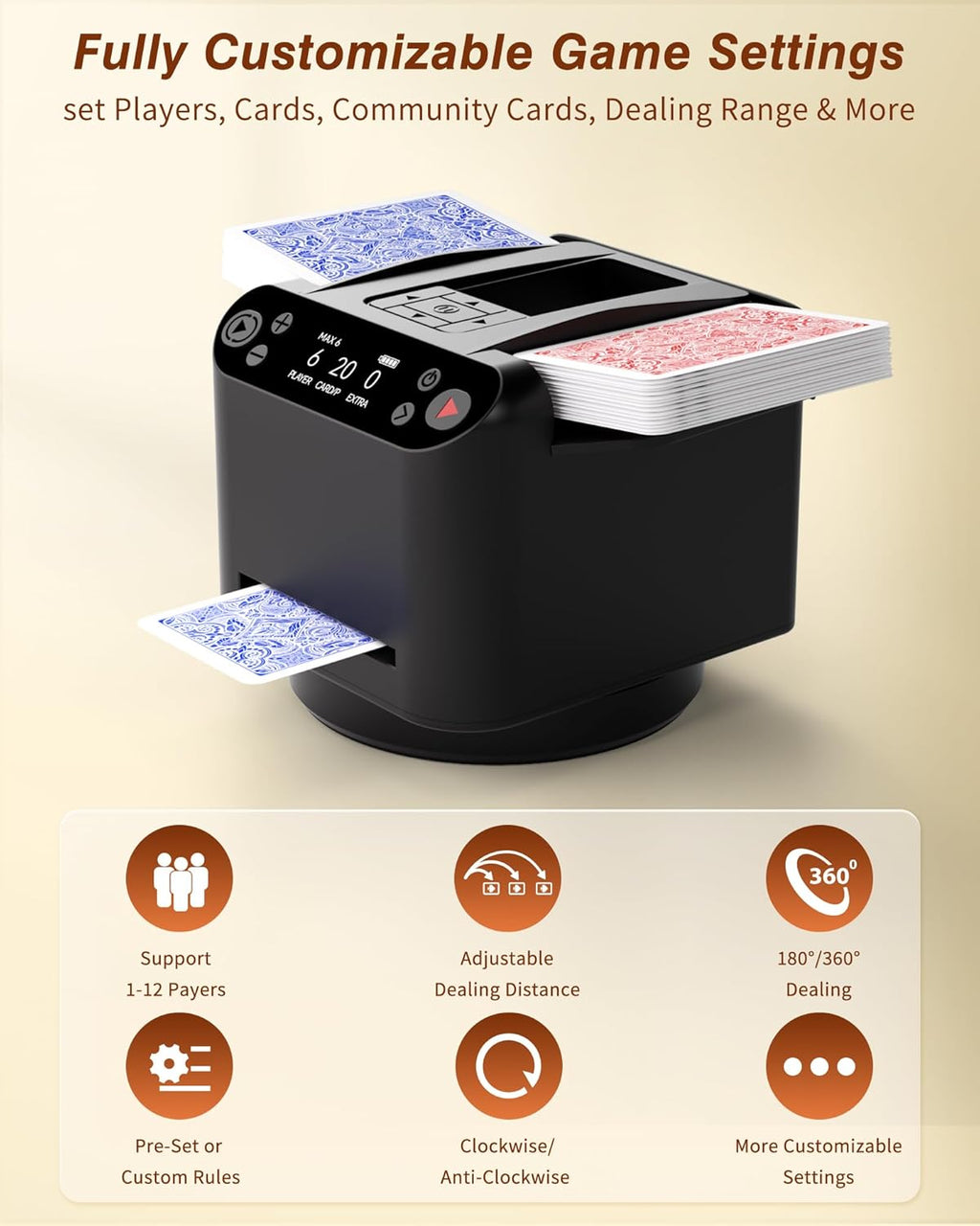 Máquina Barajadora y Repartidora Automática 2 en 1 con 4 Controles Remotos para 1-2 Barajas, Recargable por USB-C, Soporta de 1 a 12 Jugadores, Programable, para Póker, UNO, Blackjack, Texas Hold'em