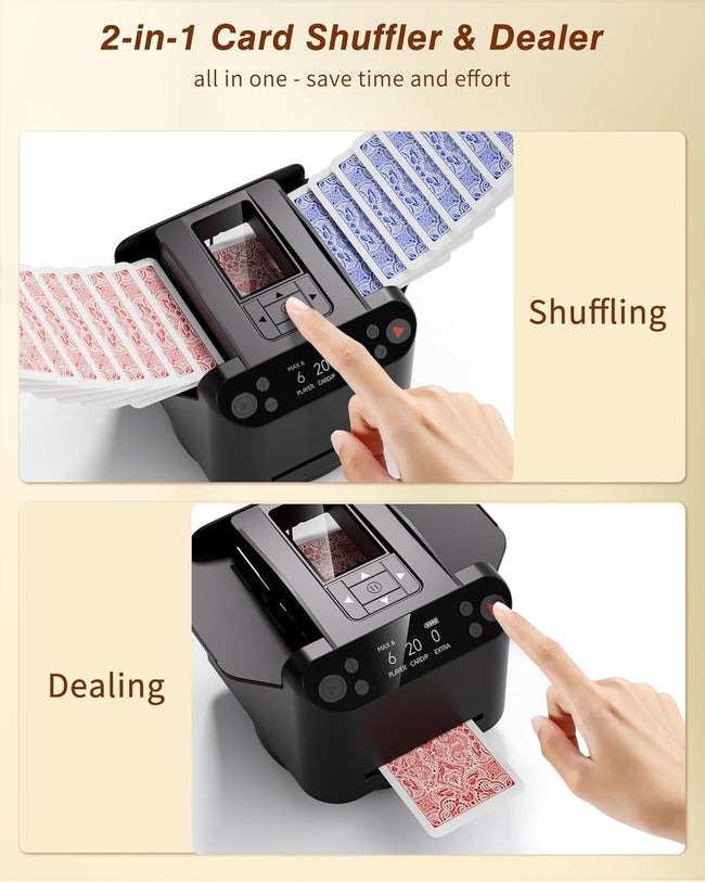 2-in-1 Automatic Card Shuffler and Dealer Machine with 4 Remotes for 1-2 Decks, USB-C Rechargeable, Supports 1-12 Players, Programmable, for Poker, UNO, Blackjack, Texas Holdem Main Image