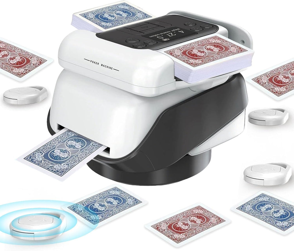 Máquina Barajadora y Repartidora Automática 2 en 1 con 4 Controles Remotos para 1-2 Barajas, Recargable por USB-C, Soporta de 1 a 12 Jugadores, Programable, para Póker, UNO, Blackjack, Texas Hold'em
