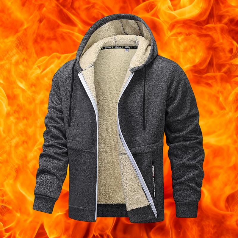 Men's Casual Zipper Wool Lined Hoodie - 100%25 Polyester Solid Color Long Sleeve Jacket, Lightly Stretchable Fabric, Suitable for Spring, Autumn, Hiking & Outdoor Activities, Regular Fit Hooded Sports Shirt, Men’s Warm Coat, Day Fleece Menswear  Beige Bla