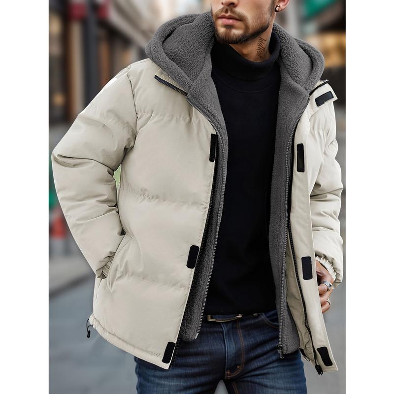 Men's Thickened Windproof Winter Jacket - Cold-Resistant Warm Fleece Lined Hooded Coat with Full Zip Front and Pockets, Mink Fur Collar, Casual Outdoor Jacket Suitable for Cold Weather Regular Fit, Men's Winter Coat Menswear Tops Long Sleeve Tights Beige
