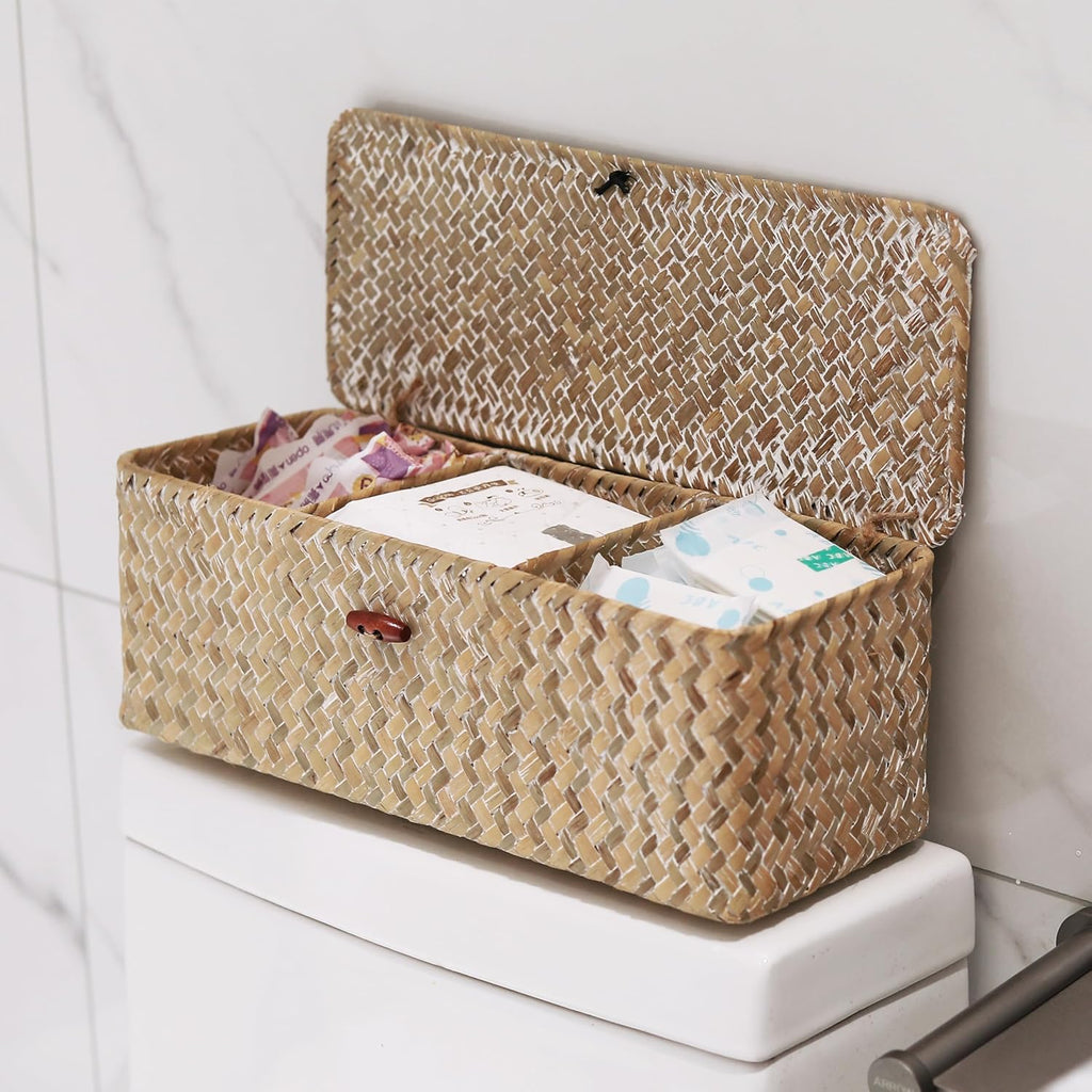 Whitewashed Seagrass Toilet Tank Basket with Lid