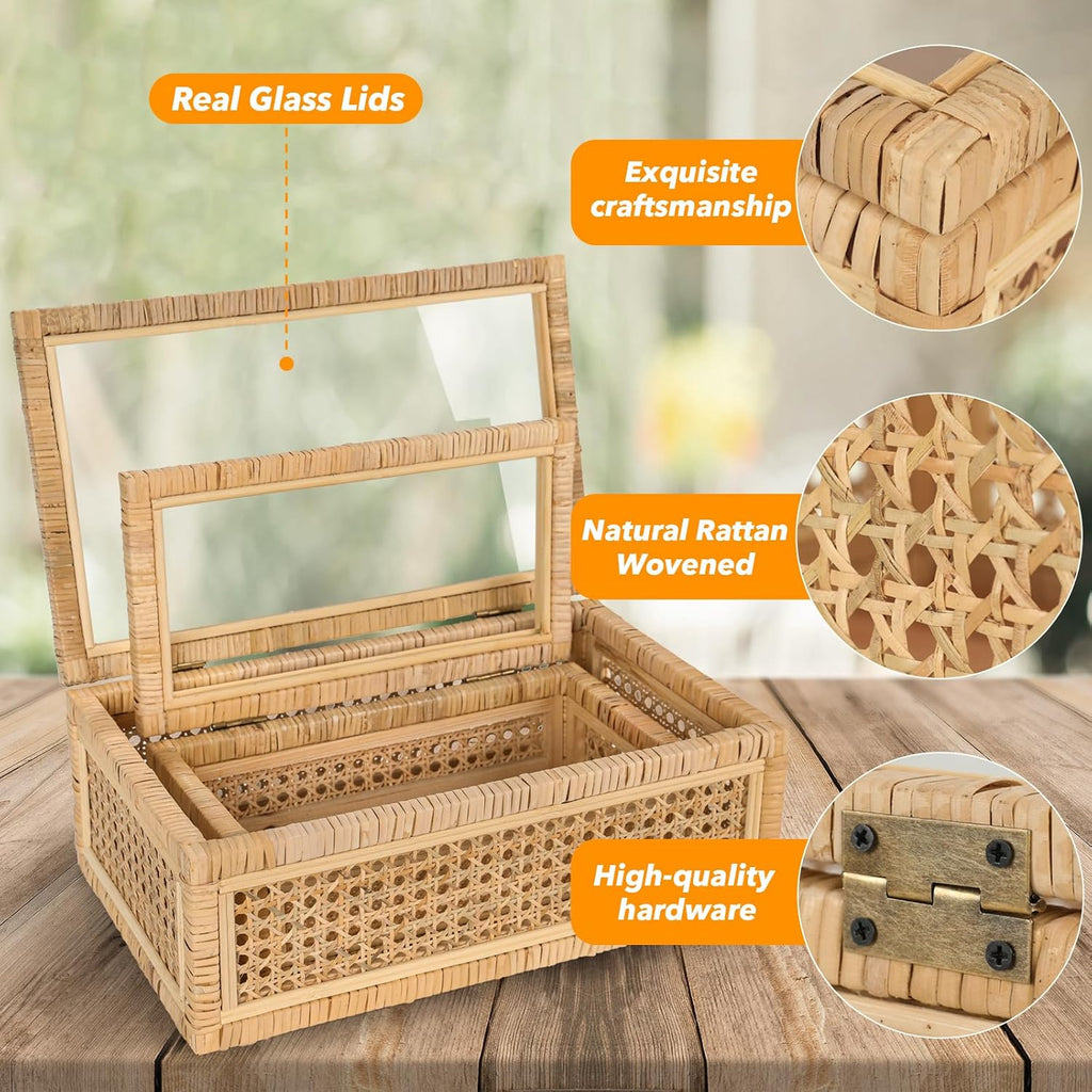 Cajas expositoras de rat�n con tapas de vidrio - Juego de 2