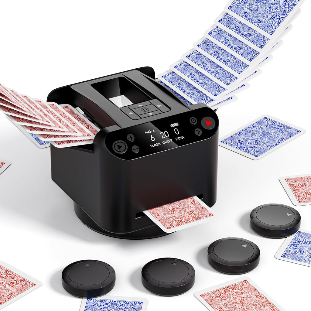 Máquina Barajadora y Repartidora Automática 2 en 1 con 4 Controles Remotos para 1-2 Barajas, Recargable por USB-C, Soporta de 1 a 12 Jugadores, Programable, para Póker, UNO, Blackjack, Texas Hold'em