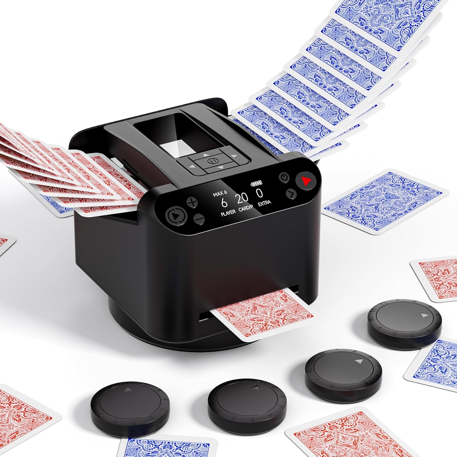 Máquina Barajadora y Repartidora Automática 2 en 1 con 4 Controles Remotos para 1-2 Barajas, Recargable por USB-C, Soporta de 1 a 12 Jugadores, Programable, para Póker, UNO, Blackjack, Texas Hold'em
