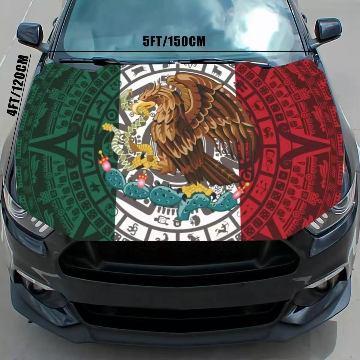Mexican Flag Aztec Design Car Hood Cover - Universal Fit for Most Trucks SUVs, Car Accessories, Auto Accessories, Patriotic Decoration for Holidays & Celebrations, Cars Accessories