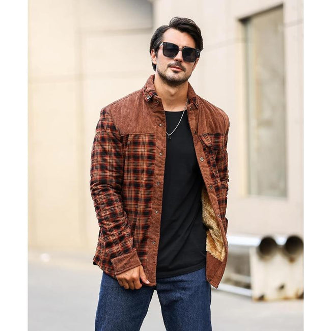 Men's Corduroy Plaid Sherpa Lined Flannel Shirt Jacket Fleece Coat Main Image