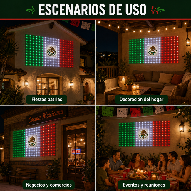 Red Luces LED Tricolor México 1x2m in Decoración Interior and Exterior, in Placa Central Desmontable, Ideal in Fiestas and Hogar Main Image