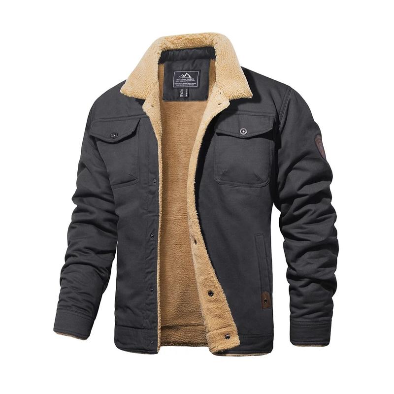 Chaqueta camionera de invierno con forro sherpa para hombre, chaqueta informal cálida con múltiples bolsillos, tops de ropa de hombre con cuello, forro polar de algodón, manga larga, novedad de otoño, chaqueta caqui beige, diversión al aire libre