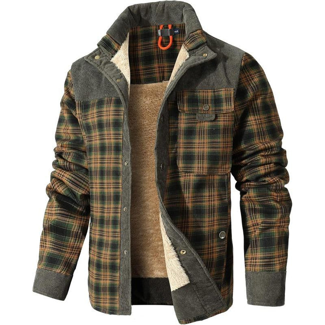 Men's Corduroy Plaid Sherpa Lined Flannel Shirt Jacket Fleece Coat Hover Image