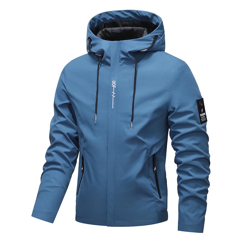 Men's Solid Color Windproof Drawstring Zip-up Hoodie Jacket, Casual Long-Sleeve Outdoor Coat with Zipper Pockets, Suitable for Outdoor Activities, All-Season Men's Apparel, Menswear Blue