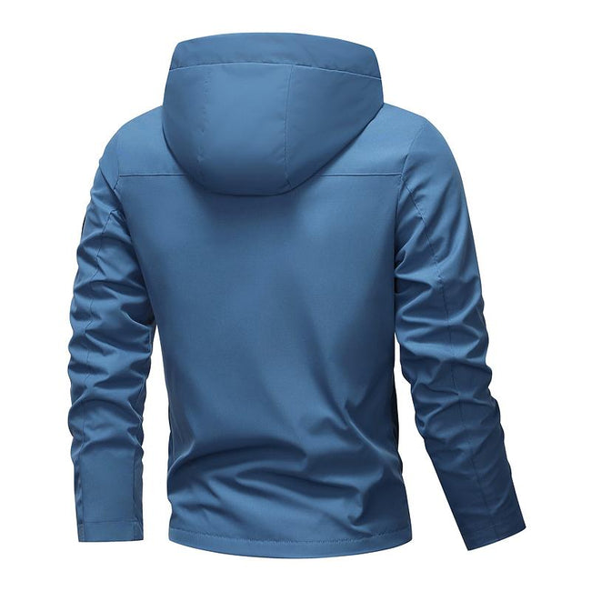 Men's Solid Color Windproof Drawstring Zip-up Hoodie Jacket, Casual Long-Sleeve Outdoor Coat with Zipper Pockets, Suitable for Outdoor Activities, All-Season Men's Apparel, Menswear Blue Main Image