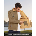 Chaqueta camionera de invierno con forro sherpa para hombre, chaqueta informal cálida con múltiples bolsillos, tops de ropa de hombre con cuello, forro polar de algodón, manga larga, novedad de otoño, chaqueta caqui beige, diversión al aire libre