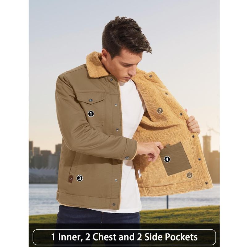 Chaqueta camionera de invierno con forro sherpa para hombre, chaqueta informal cálida con múltiples bolsillos, tops de ropa de hombre con cuello, forro polar de algodón, manga larga, novedad de otoño, chaqueta caqui beige, diversión al aire libre