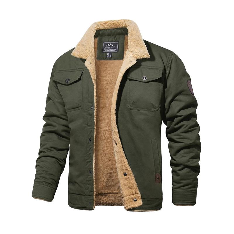 Chaqueta camionera de invierno con forro sherpa para hombre, chaqueta informal cálida con múltiples bolsillos, tops de ropa de hombre con cuello, forro polar de algodón, manga larga, novedad de otoño, chaqueta caqui beige, diversión al aire libre