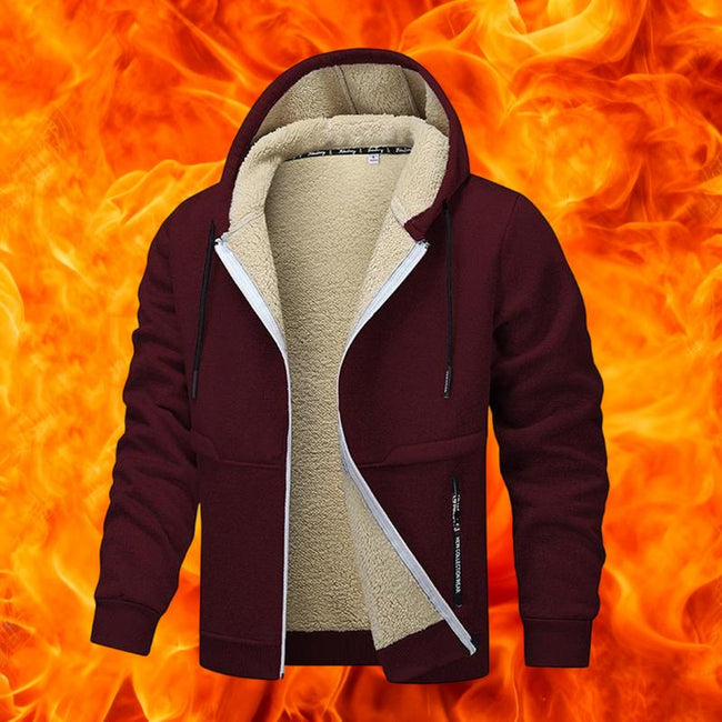 Men's Casual Zipper Wool Lined Hoodie - 100%25 Polyester Solid Color Long Sleeve Jacket, Lightly Stretchable Fabric, Suitable for Spring, Autumn, Hiking & Outdoor Activities, Regular Fit Hooded Sports Shirt, Men’s Warm Coat, Day Fleece Menswear  Beige Bla Main Image