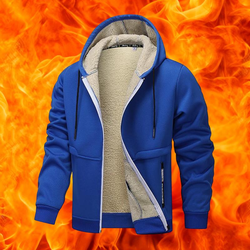 Men's Casual Zipper Wool Lined Hoodie - 100%25 Polyester Solid Color Long Sleeve Jacket, Lightly Stretchable Fabric, Suitable for Spring, Autumn, Hiking & Outdoor Activities, Regular Fit Hooded Sports Shirt, Men’s Warm Coat, Day Fleece Menswear  Beige Bla