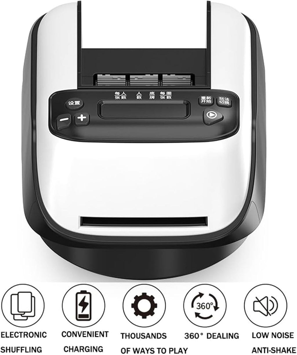 Máquina Repartidora Automática de Cartas - Recargable para 1/2/3 Barajas, 1-12 Jugadores, Distancia de Reparto Ajustable, Silenciosa, Rotación 360° y 180°, Compatible con Poker, UNO, Bridge, Blackjack y Más